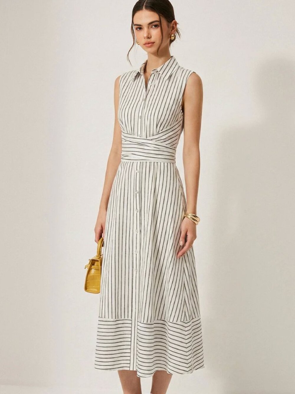 Commense Striped Collared Sleeveless Tie Waist Midi Dress